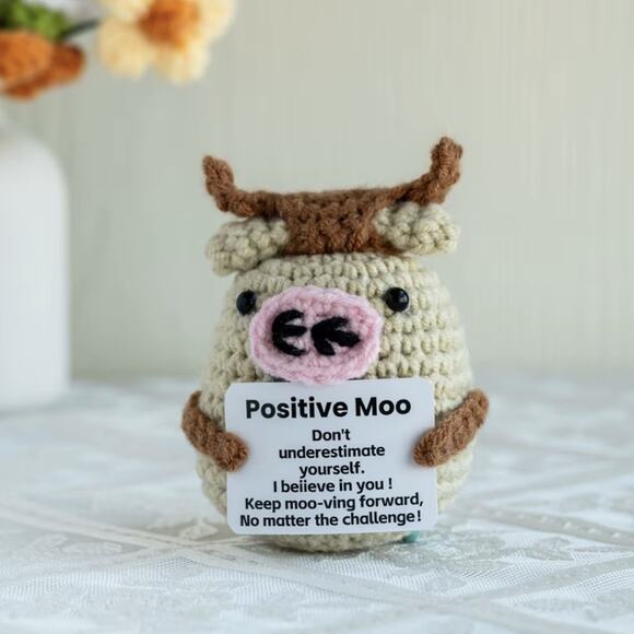 Handmade Yarn Crochet Cow Plush | Positive Moo | Motivational Message Gift - Picture 8 of 8